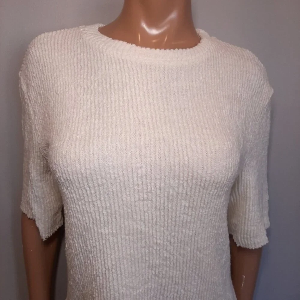 NEW Zara Oversized Ribbed Knit Short Sleeve Sweater Raw Hem Slouched Ivory - Picture 6 of 13